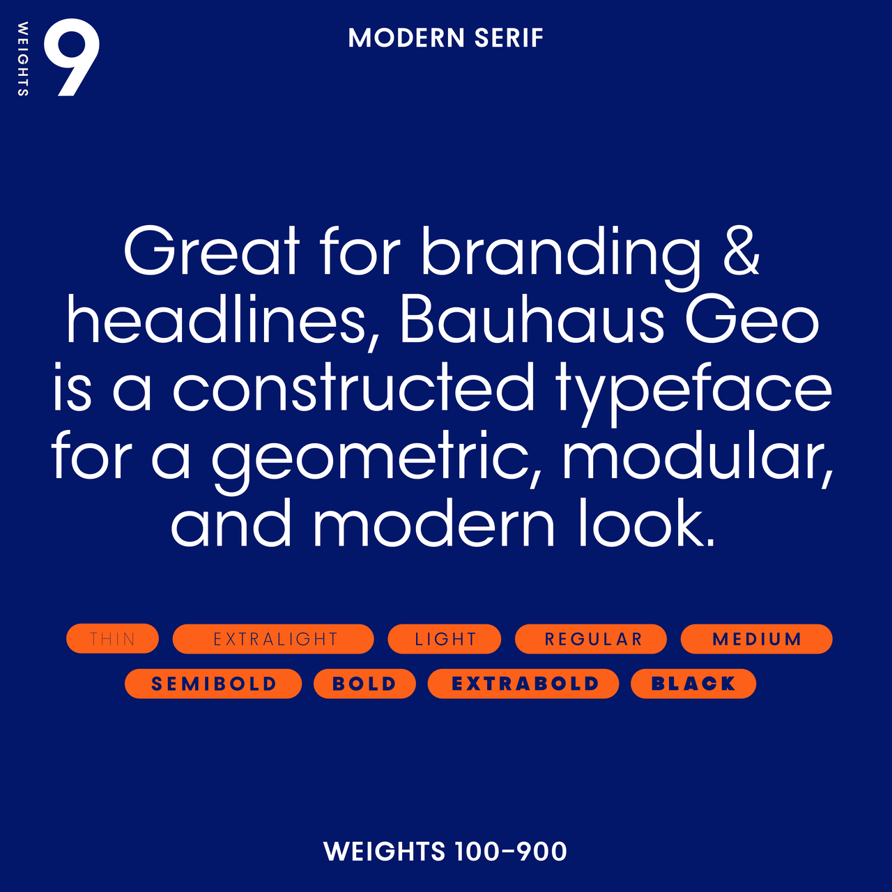 Bauhaus Geo— Geometric, clean sans-serif font, avant-garde alts